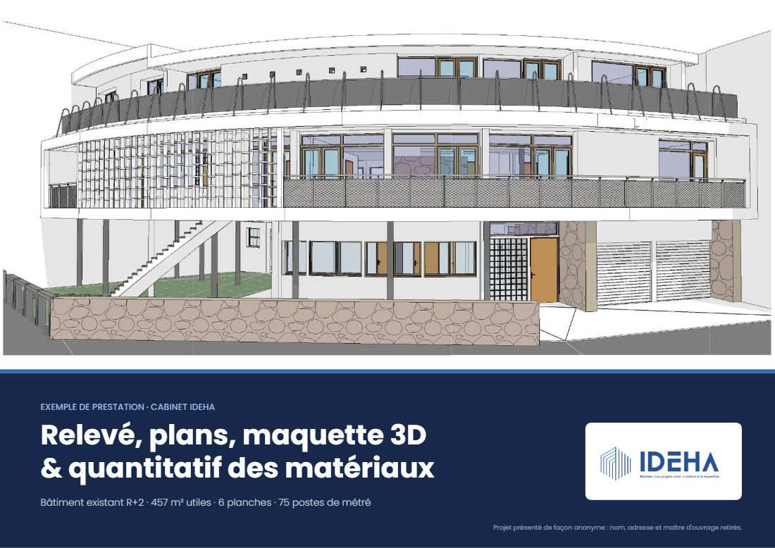 Couverture du dossier : relevé, plans, maquette 3D et quantitatif d’un bâtiment existant R+2